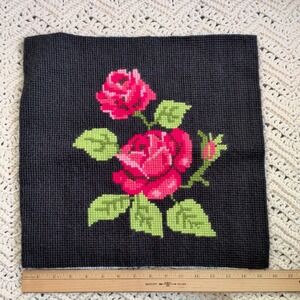 Vintage Needlepoint Pillow Rose Flower Wall Decor Flat Pillow Piece -COMPLETED